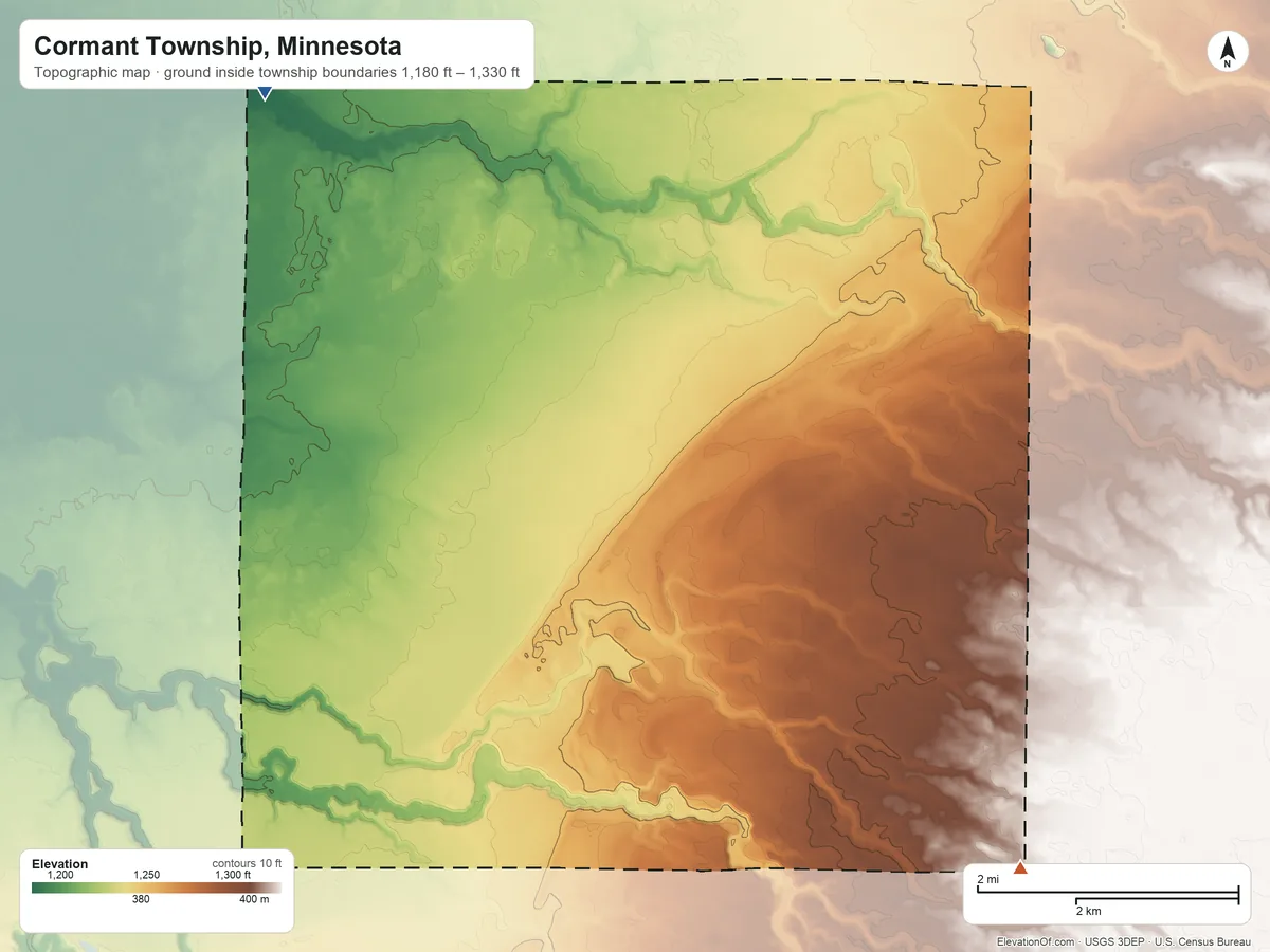 Topographic elevation map of Cormant Township, Minnesota, shaded from 1,180 ft on the west side to 1,330 ft on the southeast side