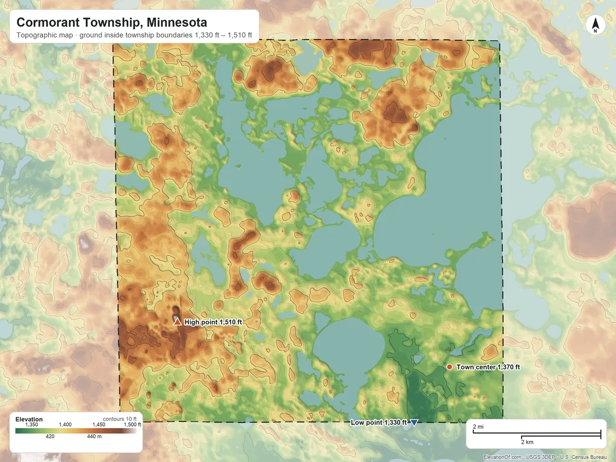 Topographic elevation map of Cormorant Township, Minnesota, shaded from 1,330 ft on the southwest side to 1,510 ft on the west side