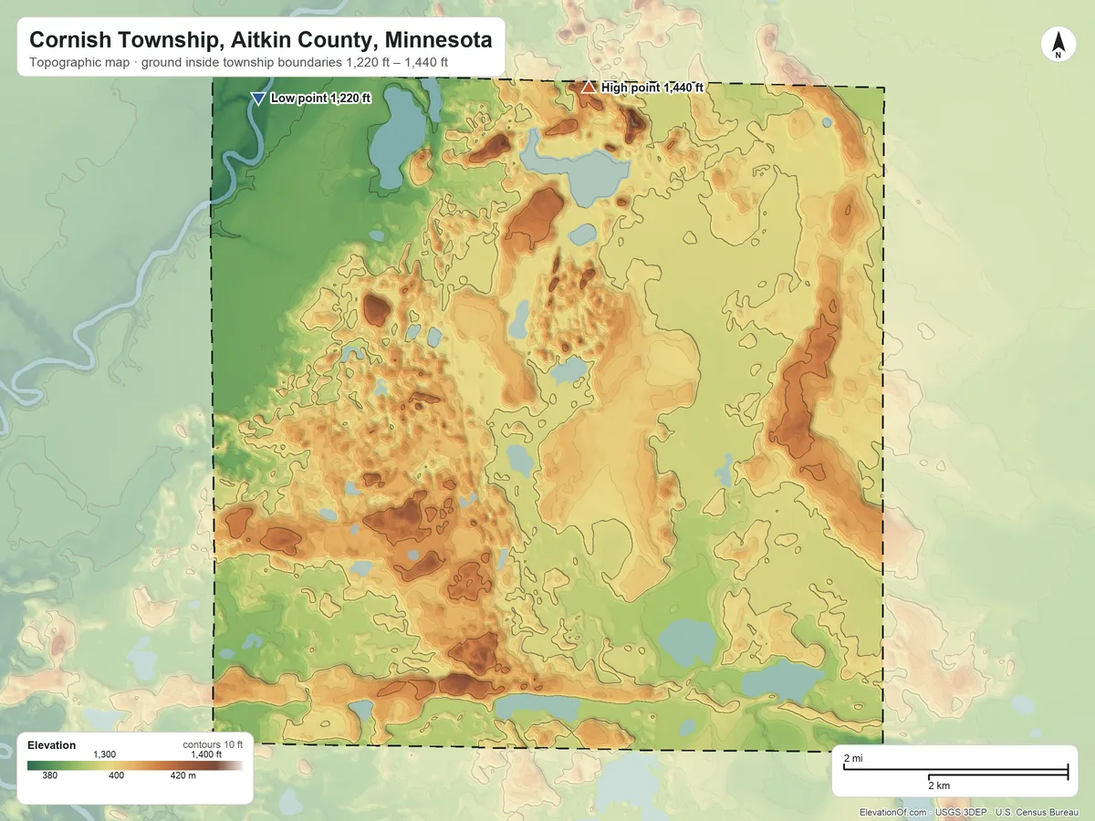 Topographic elevation map of Cornish Township, Aitkin County, Minnesota, shaded from 1,220 ft on the north side to 1,440 ft on the northeast side