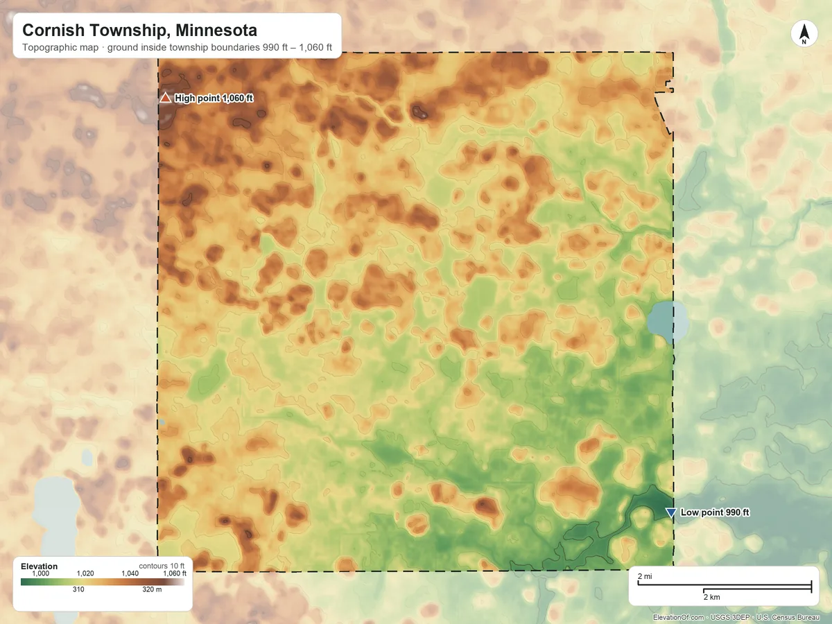 Topographic elevation map of Cornish Township, Minnesota, shaded from 990 ft on the southeast side to 1,060 ft on the northwest side