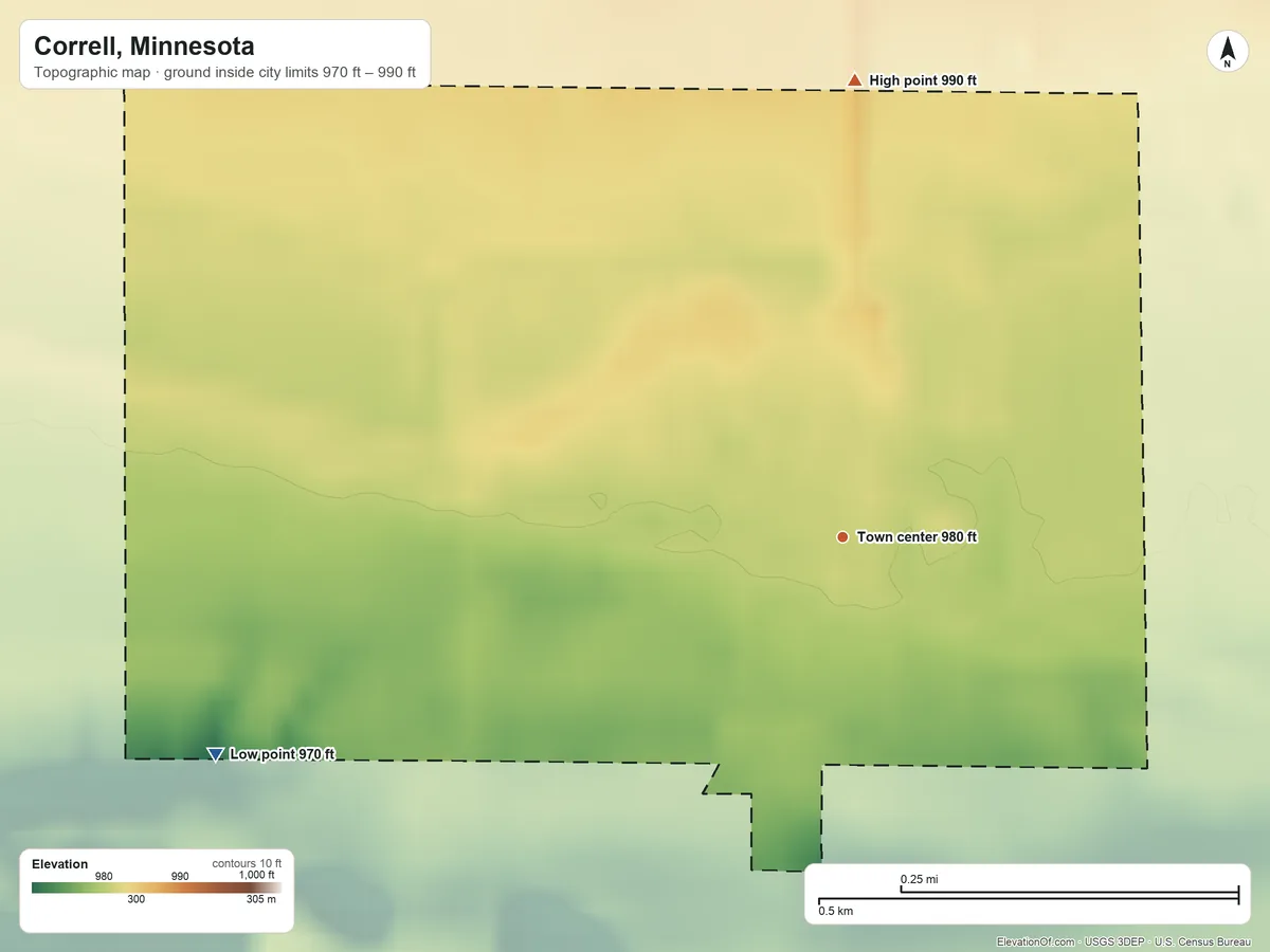 Topographic elevation map of Correll, Minnesota, shaded from 970 ft on the west side to 990 ft on the north side