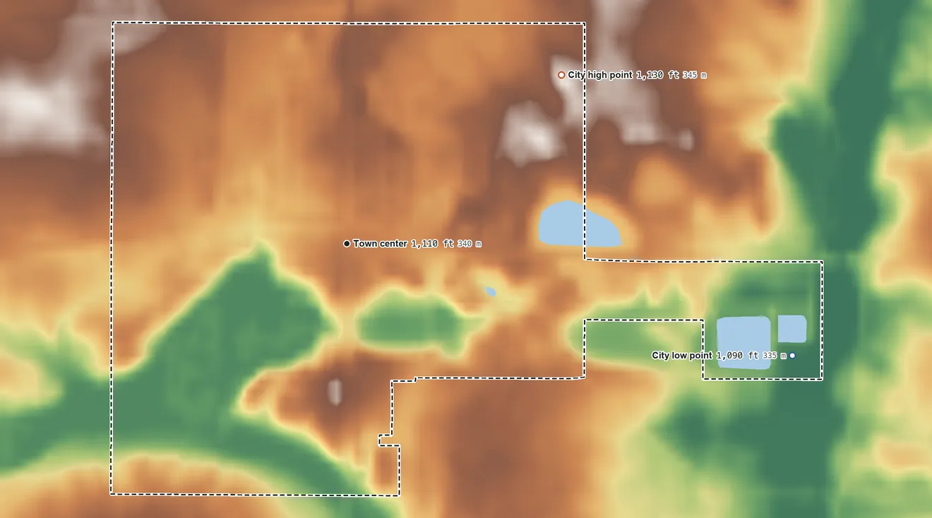 Topographic elevation map of Cosmos, Minnesota, shaded from 1,090 ft on the east side to 1,130 ft on the northeast side