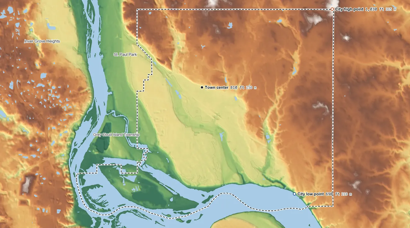 Topographic elevation map of Cottage Grove, Minnesota, shaded from 690 ft on the southeast side to 1,030 ft on the northeast side