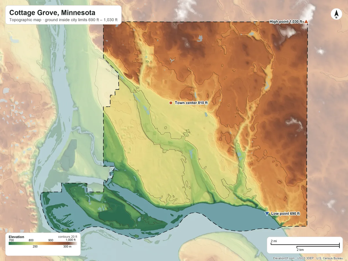 Topographic elevation map of Cottage Grove, Minnesota, shaded from 690 ft on the southeast side to 1,030 ft on the northeast side