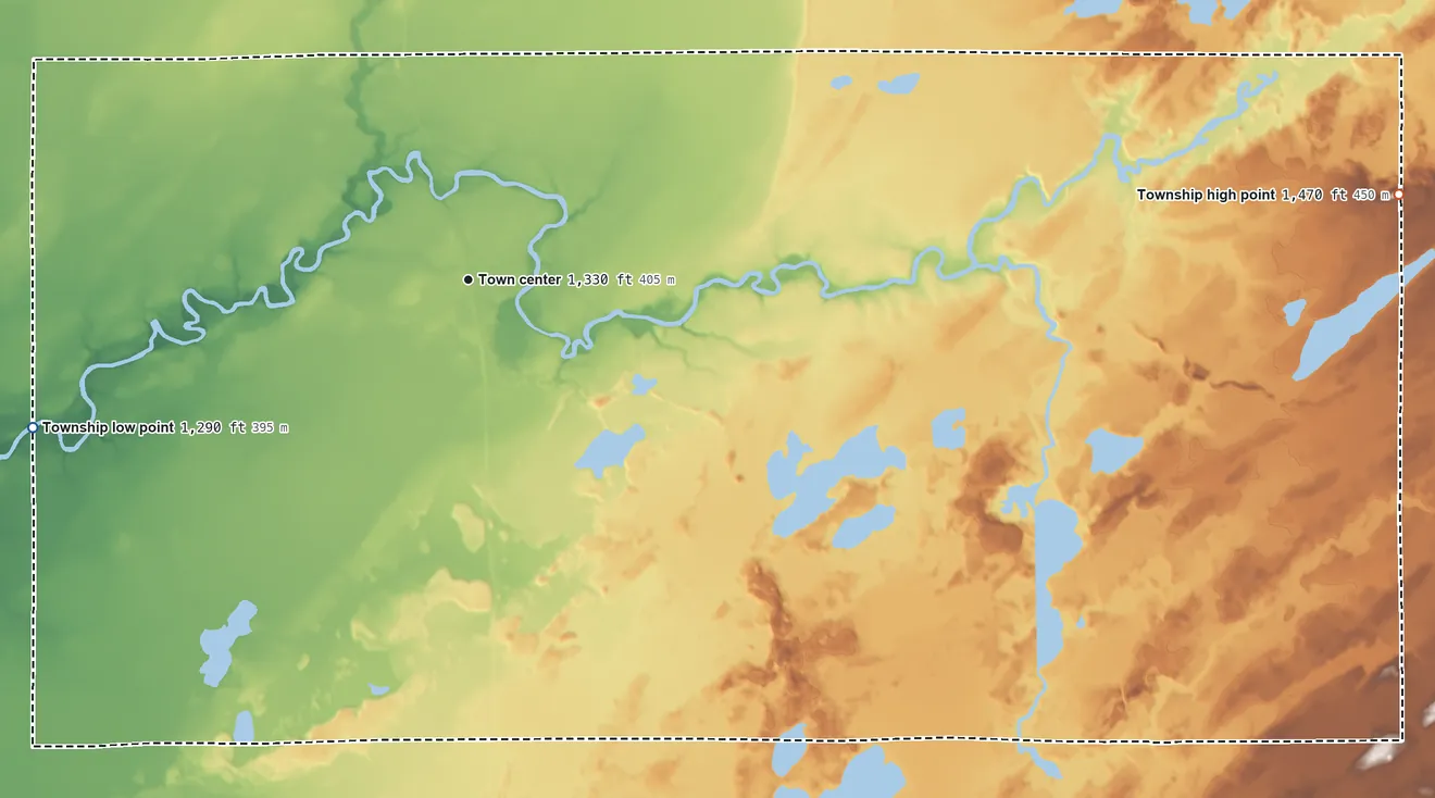 Topographic elevation map of Cotton Township, Minnesota, shaded from 1,290 ft on the west side to 1,470 ft on the east side