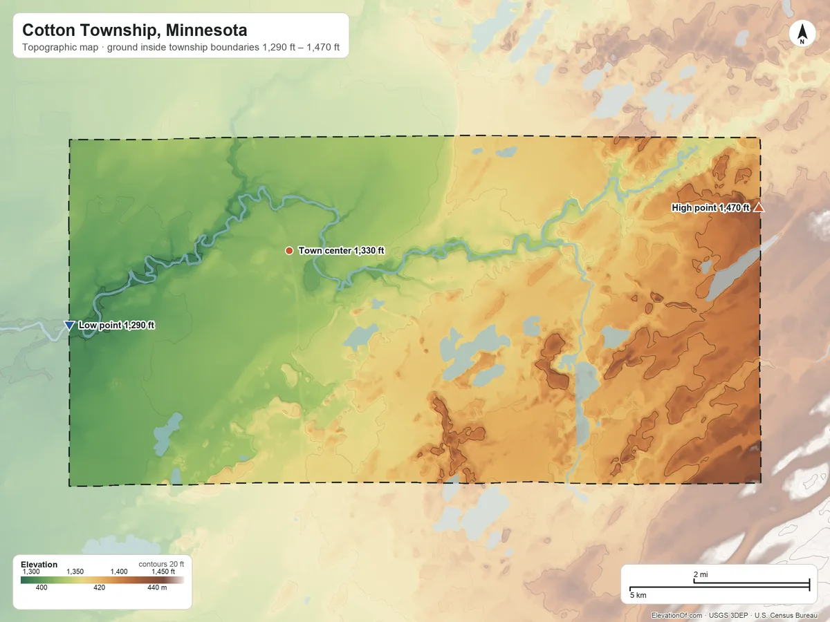 Topographic elevation map of Cotton Township, Minnesota, shaded from 1,290 ft on the west side to 1,470 ft on the east side