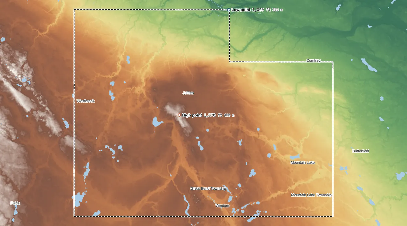 Topographic elevation map of Cottonwood County, Minnesota, shaded from 1,020 ft on the north side to 1,570 ft near the middle