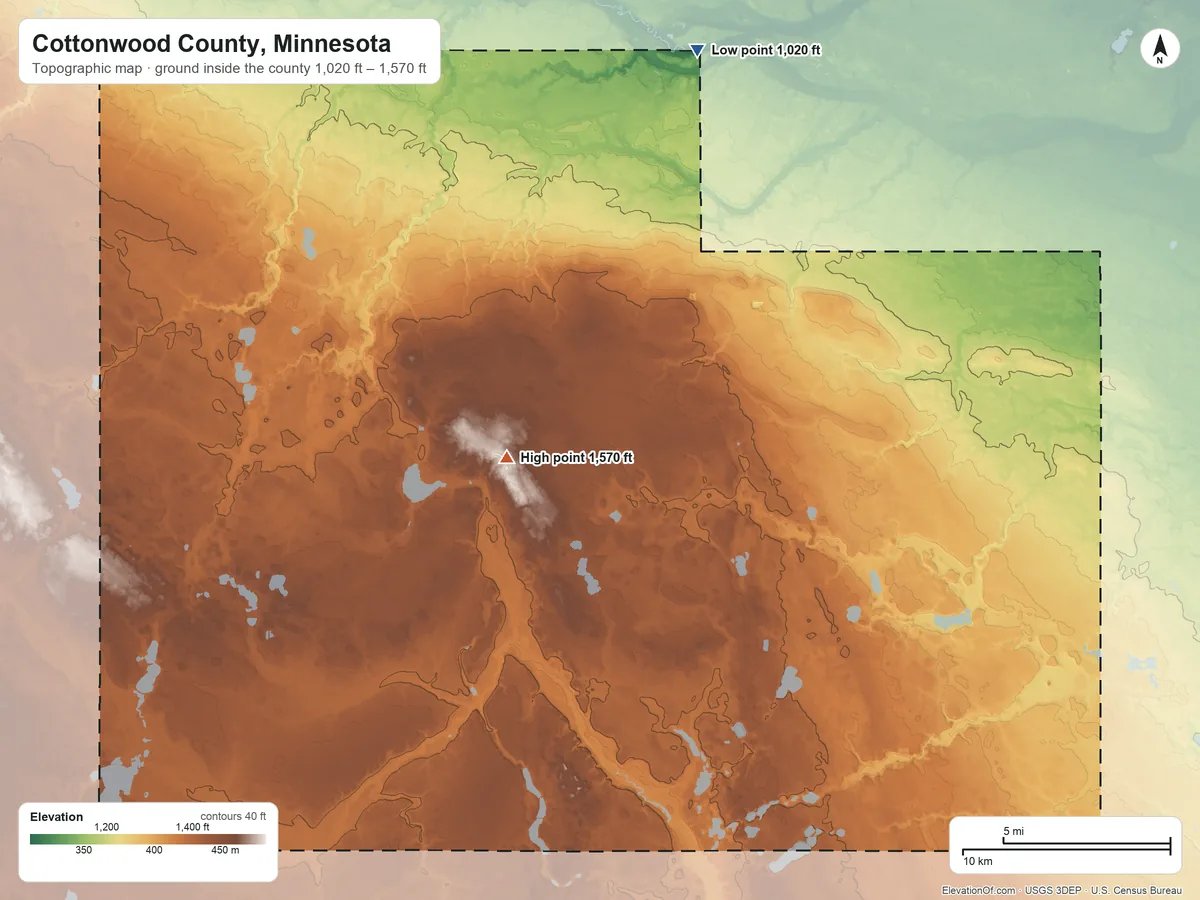 Topographic elevation map of Cottonwood County, Minnesota, shaded from 1,020 ft on the north side to 1,570 ft near the middle