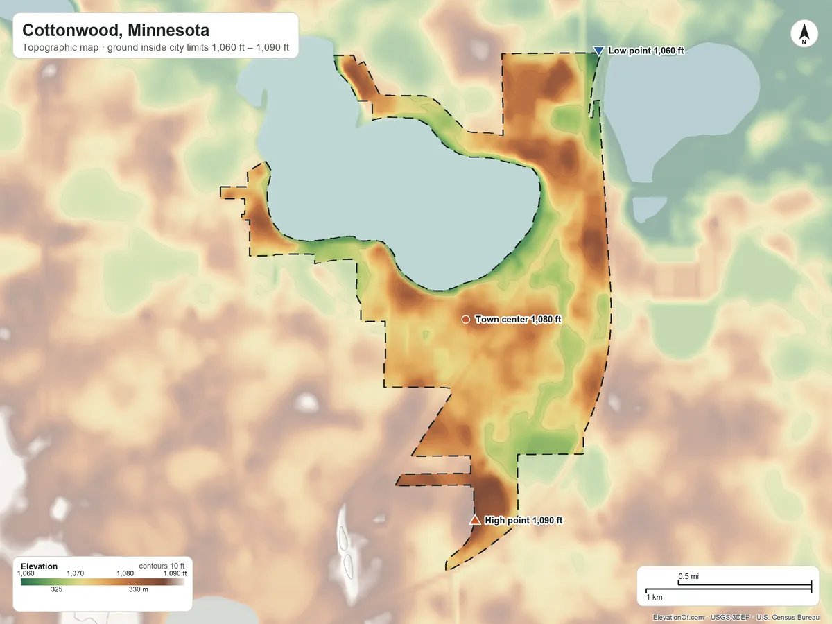 Topographic elevation map of Cottonwood, Minnesota, shaded from 1,060 ft on the northeast side to 1,090 ft on the south side