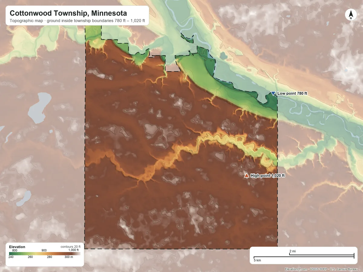 Topographic elevation map of Cottonwood Township, Minnesota, shaded from 780 ft on the east side to 1,020 ft on the southeast side