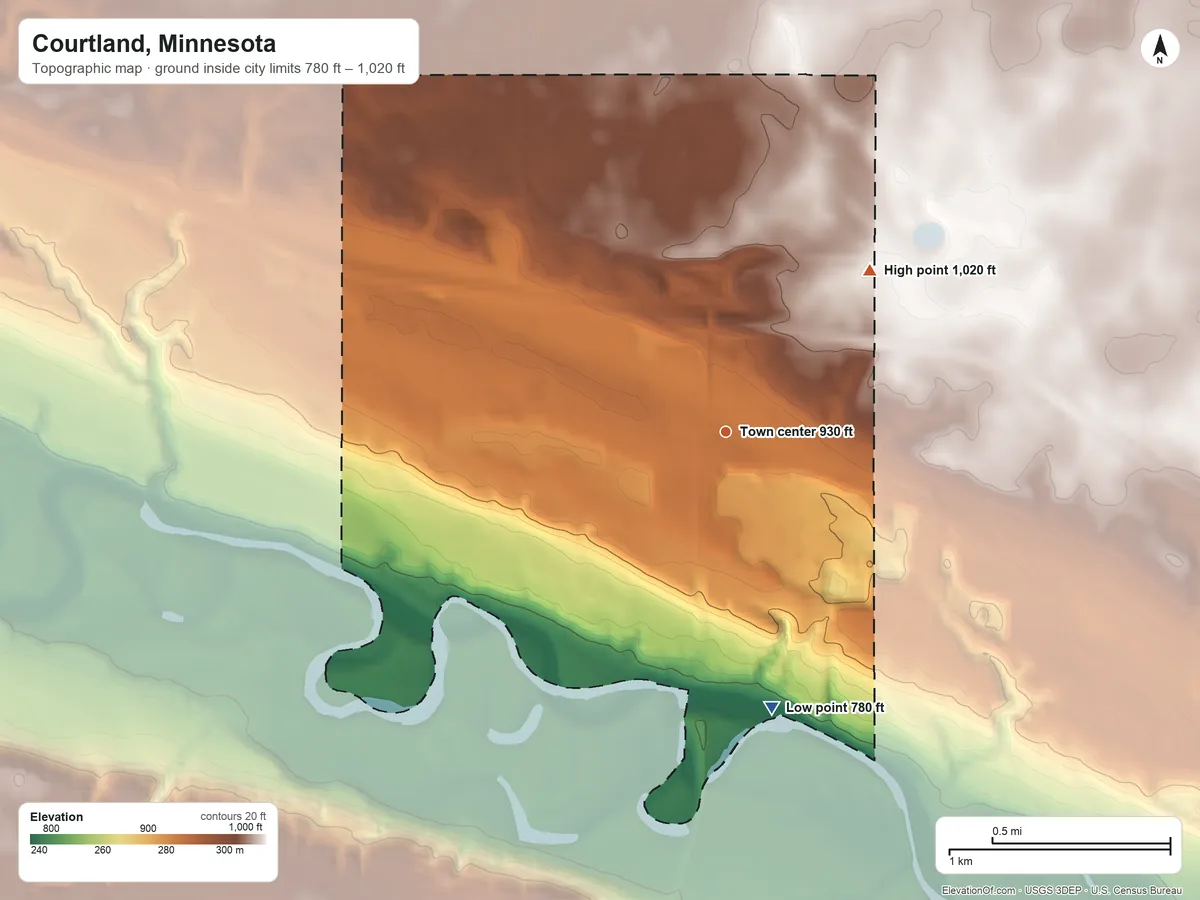 Topographic elevation map of Courtland, Minnesota, shaded from 780 ft on the south side to 1,020 ft on the northeast side