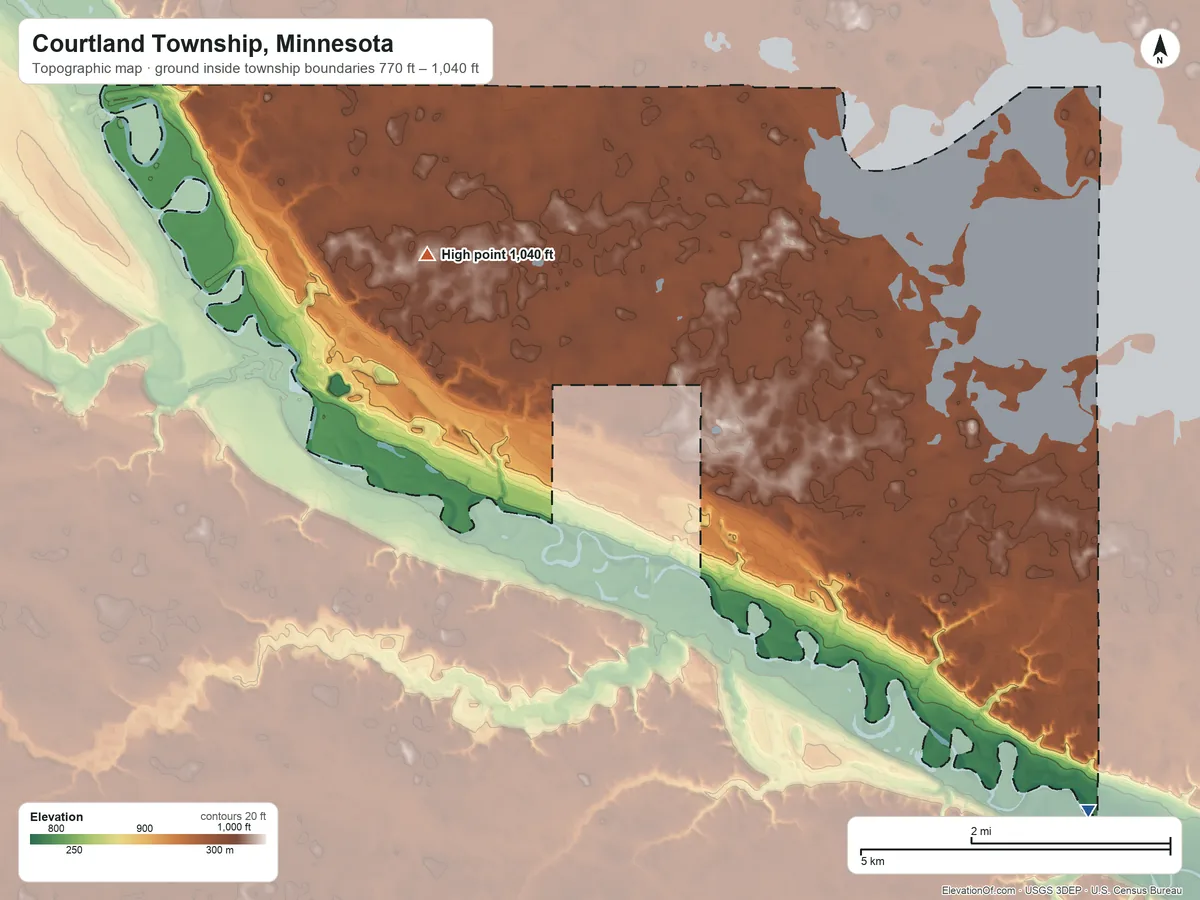 Topographic elevation map of Courtland Township, Minnesota, shaded from 770 ft on the southeast side to 1,040 ft on the northwest side
