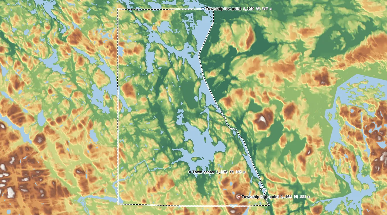 Topographic elevation map of Crane Lake Township, Minnesota, shaded from 1,120 ft on the north side to 1,460 ft on the southeast side