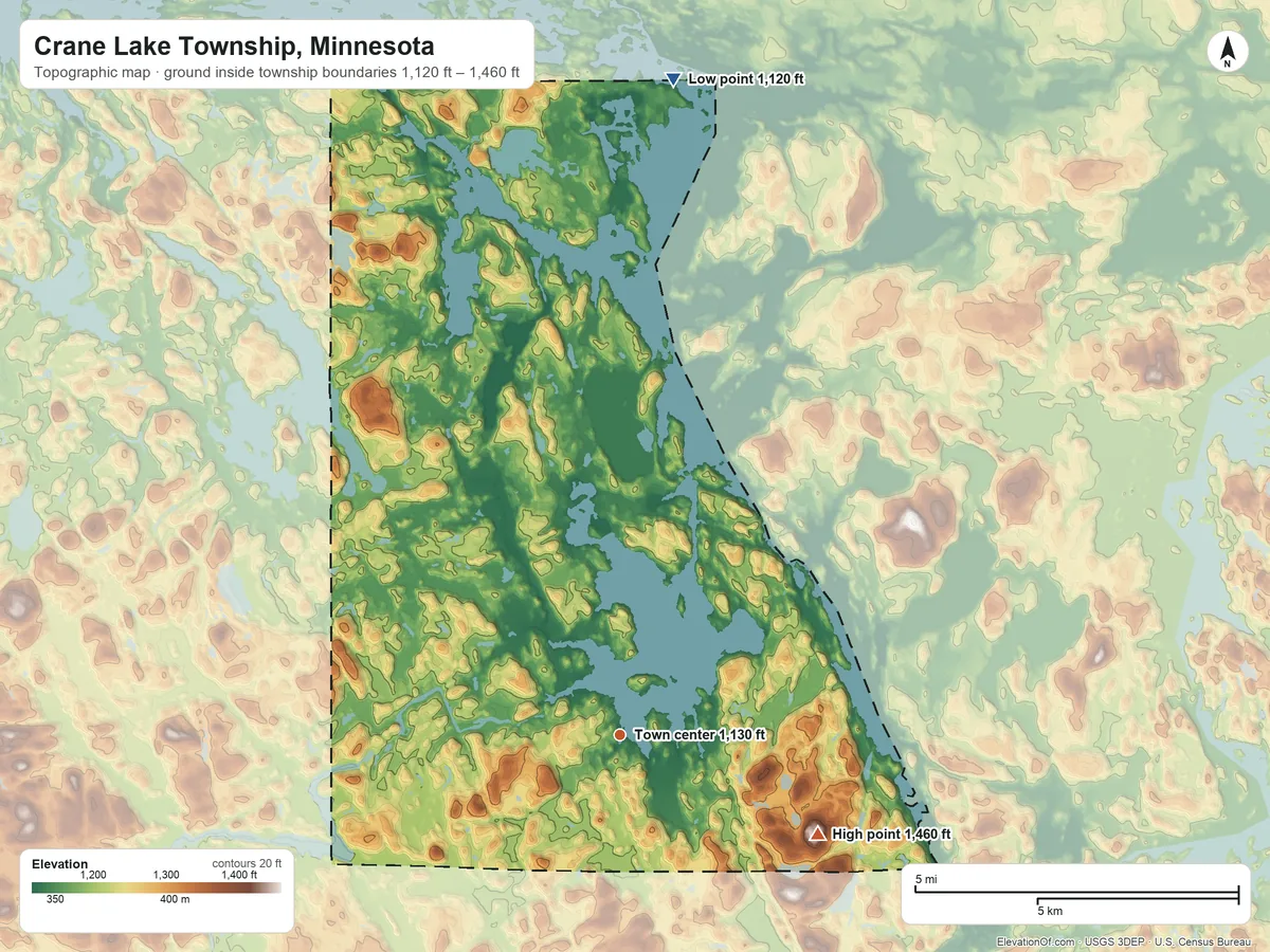 Topographic elevation map of Crane Lake Township, Minnesota, shaded from 1,120 ft on the north side to 1,460 ft on the southeast side