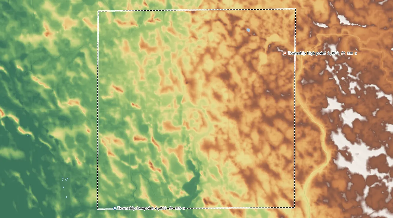 Topographic elevation map of Crate Township, Minnesota, shaded from 1,030 ft on the southwest side to 1,080 ft on the northeast side
