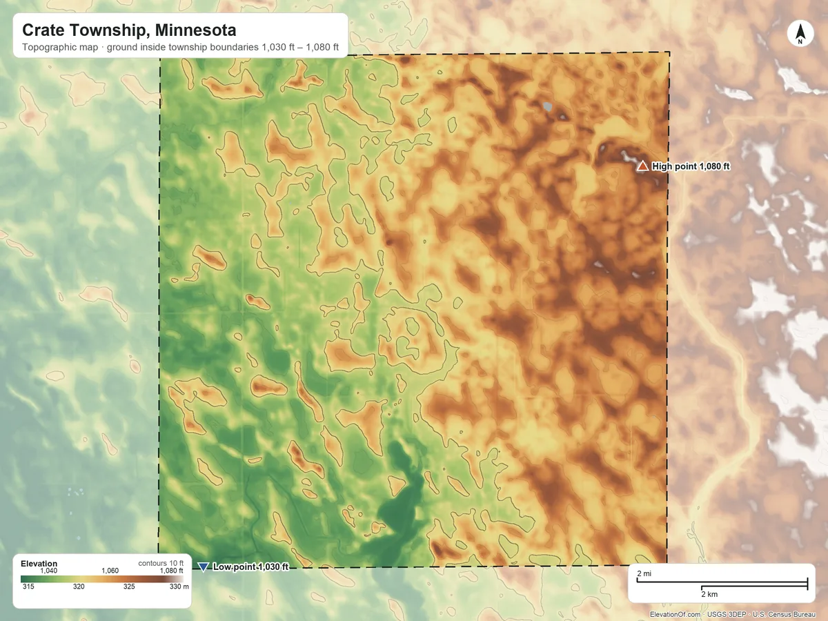 Topographic elevation map of Crate Township, Minnesota, shaded from 1,030 ft on the southwest side to 1,080 ft on the northeast side
