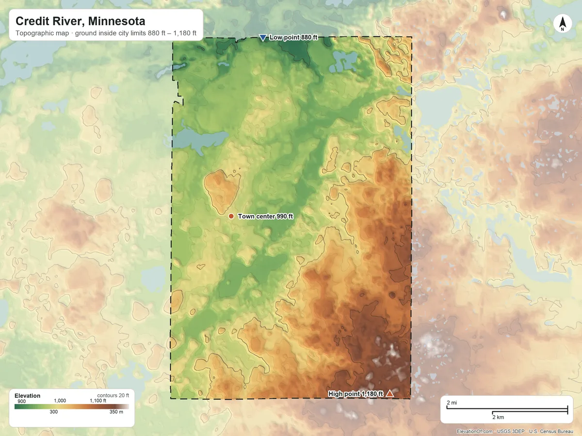 Topographic elevation map of Credit River, Minnesota, shaded from 880 ft on the north side to 1,180 ft on the southeast side