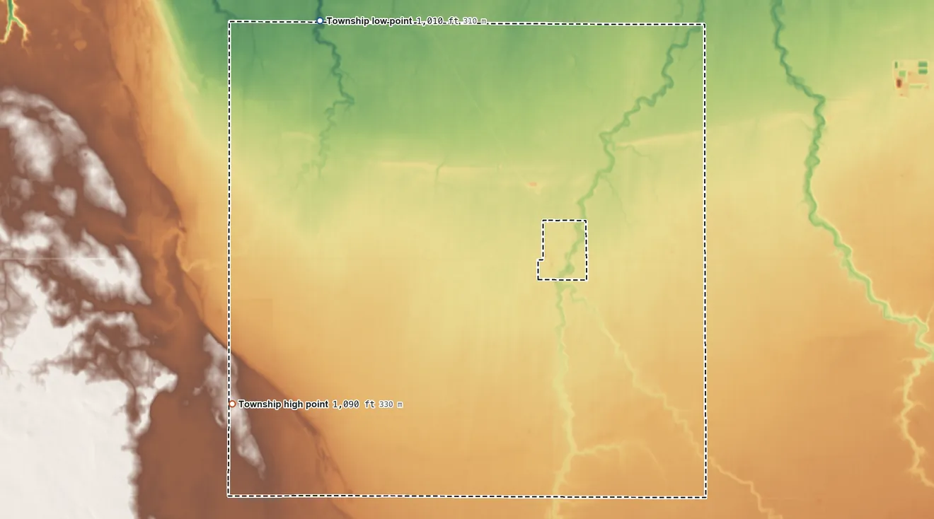 Topographic elevation map of Croke Township, Minnesota, shaded from 1,010 ft on the northwest side to 1,090 ft on the southwest side