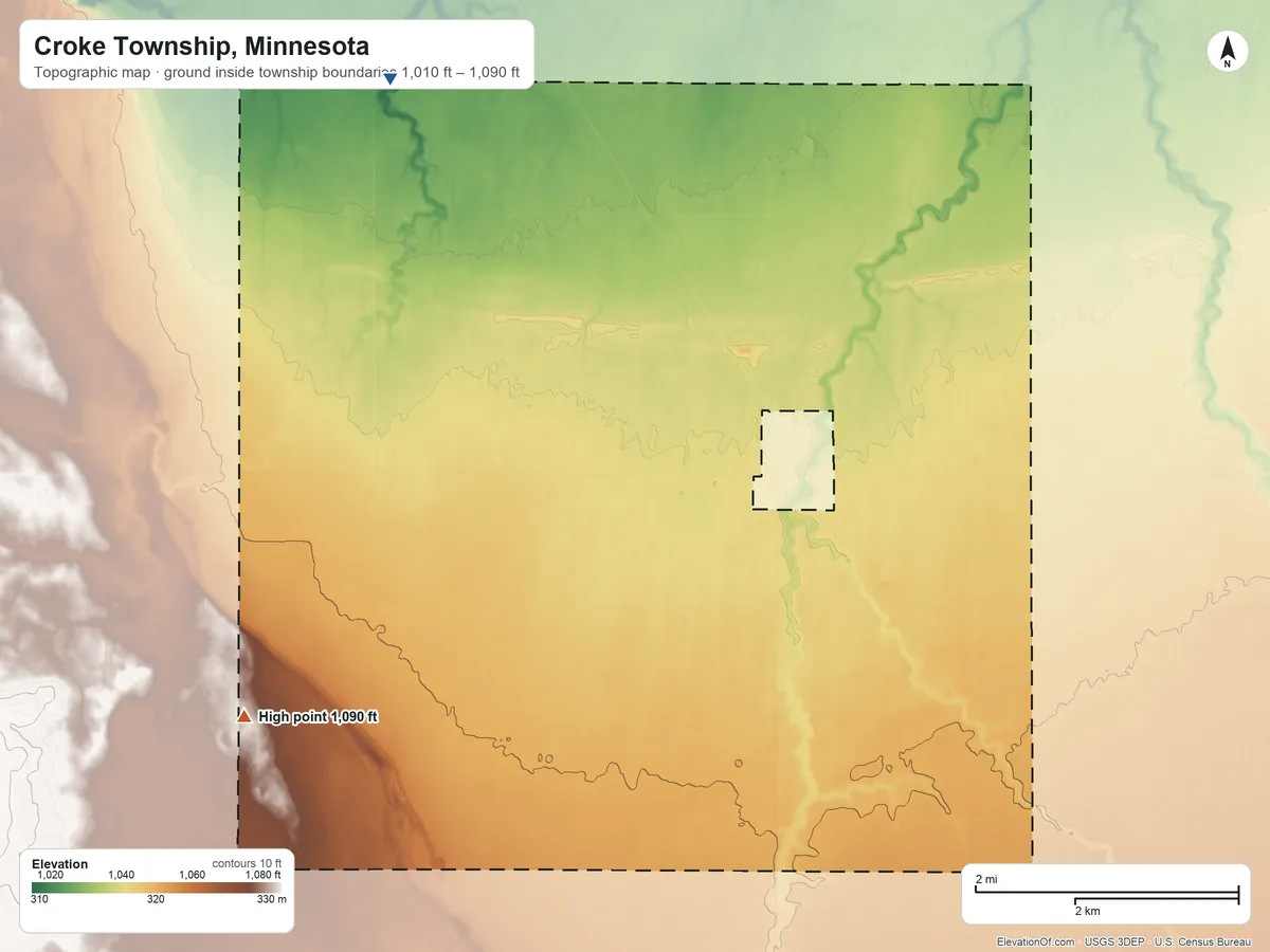 Topographic elevation map of Croke Township, Minnesota, shaded from 1,010 ft on the northwest side to 1,090 ft on the southwest side