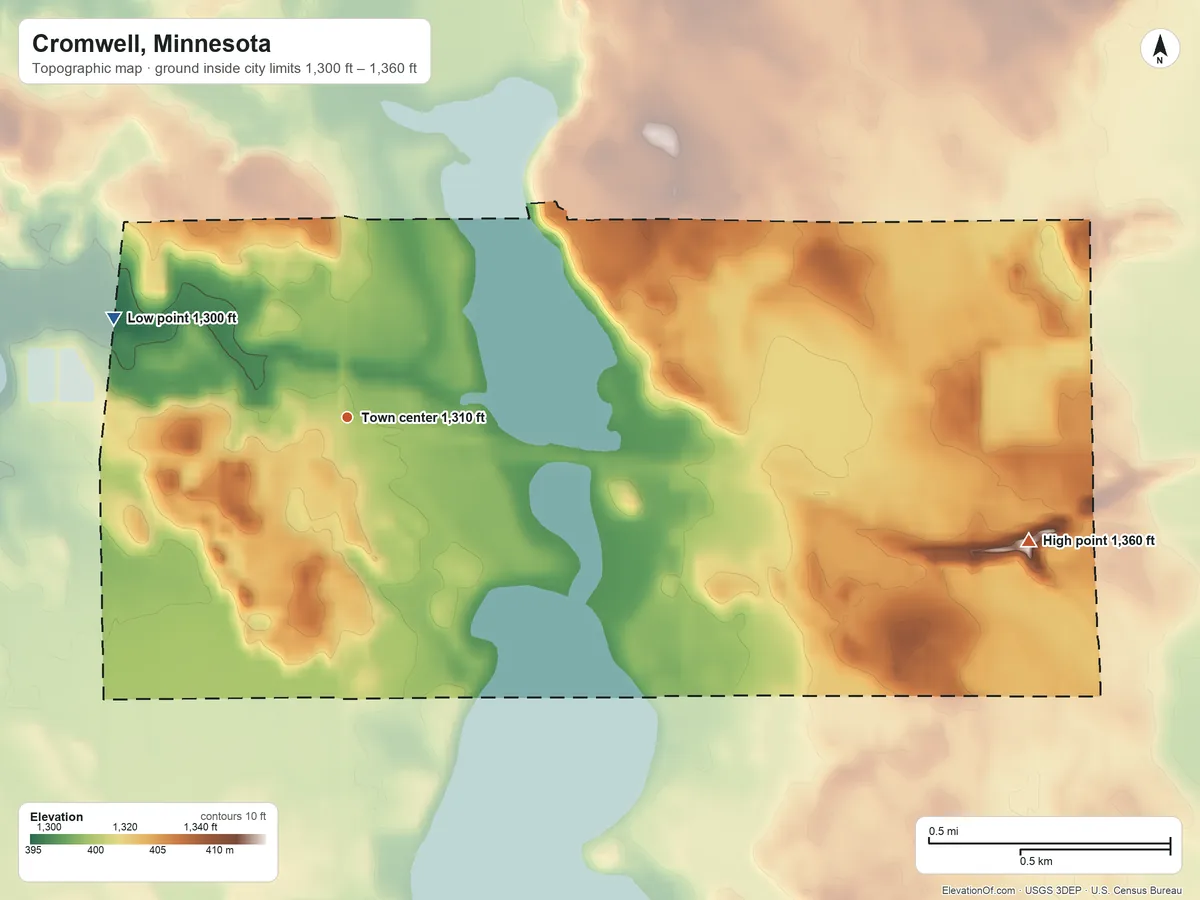 Topographic elevation map of Cromwell, Minnesota, shaded from 1,300 ft on the northwest side to 1,360 ft on the east side