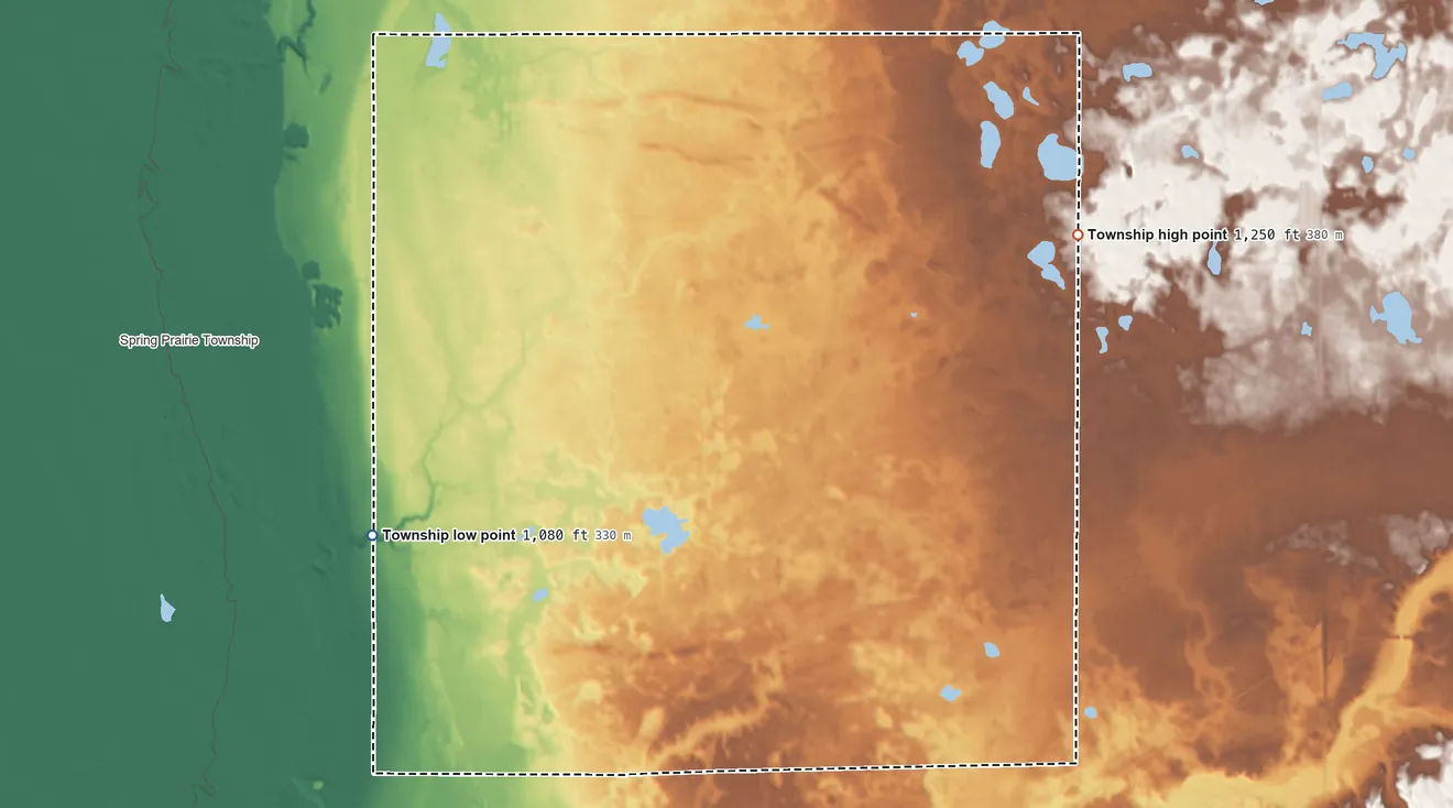 Topographic elevation map of Cromwell Township, Minnesota, shaded from 1,080 ft on the west side to 1,250 ft on the northeast side