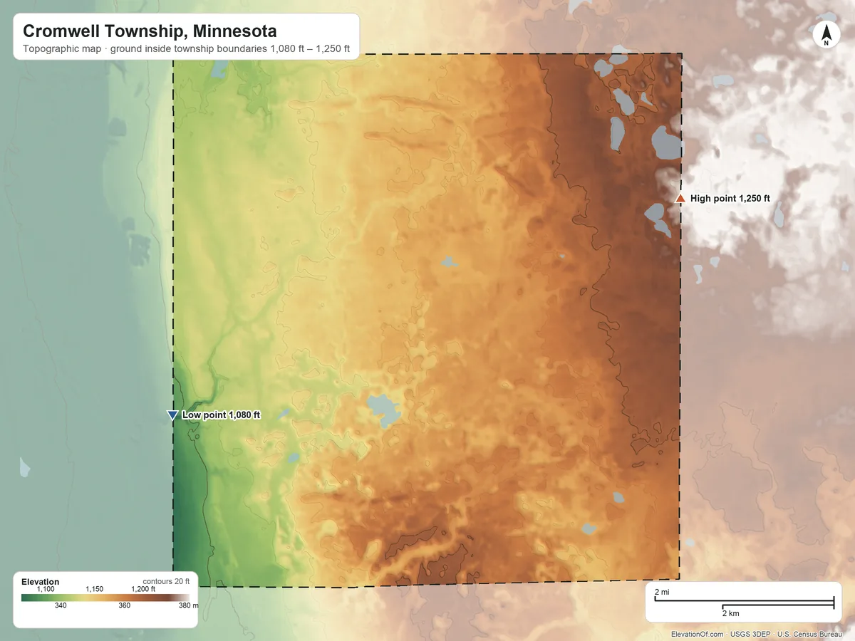 Topographic elevation map of Cromwell Township, Minnesota, shaded from 1,080 ft on the west side to 1,250 ft on the northeast side