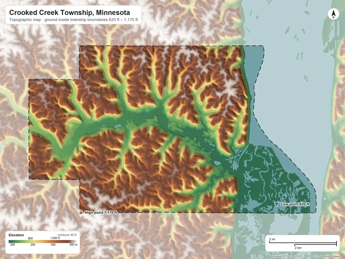 Topographic elevation map of Crooked Creek Township, Minnesota, shaded from 620 ft on the southeast side to 1,170 ft on the southwest side