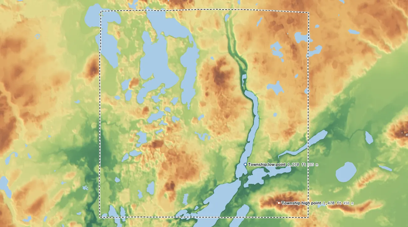 Topographic elevation map of Crooked Lake Township, Minnesota, shaded from 1,270 ft on the east side to 1,470 ft on the east side