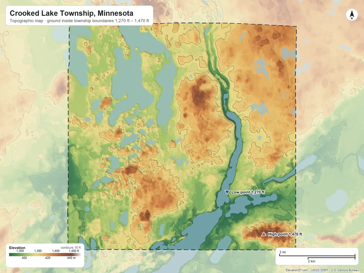 Topographic elevation map of Crooked Lake Township, Minnesota, shaded from 1,270 ft on the east side to 1,470 ft on the east side