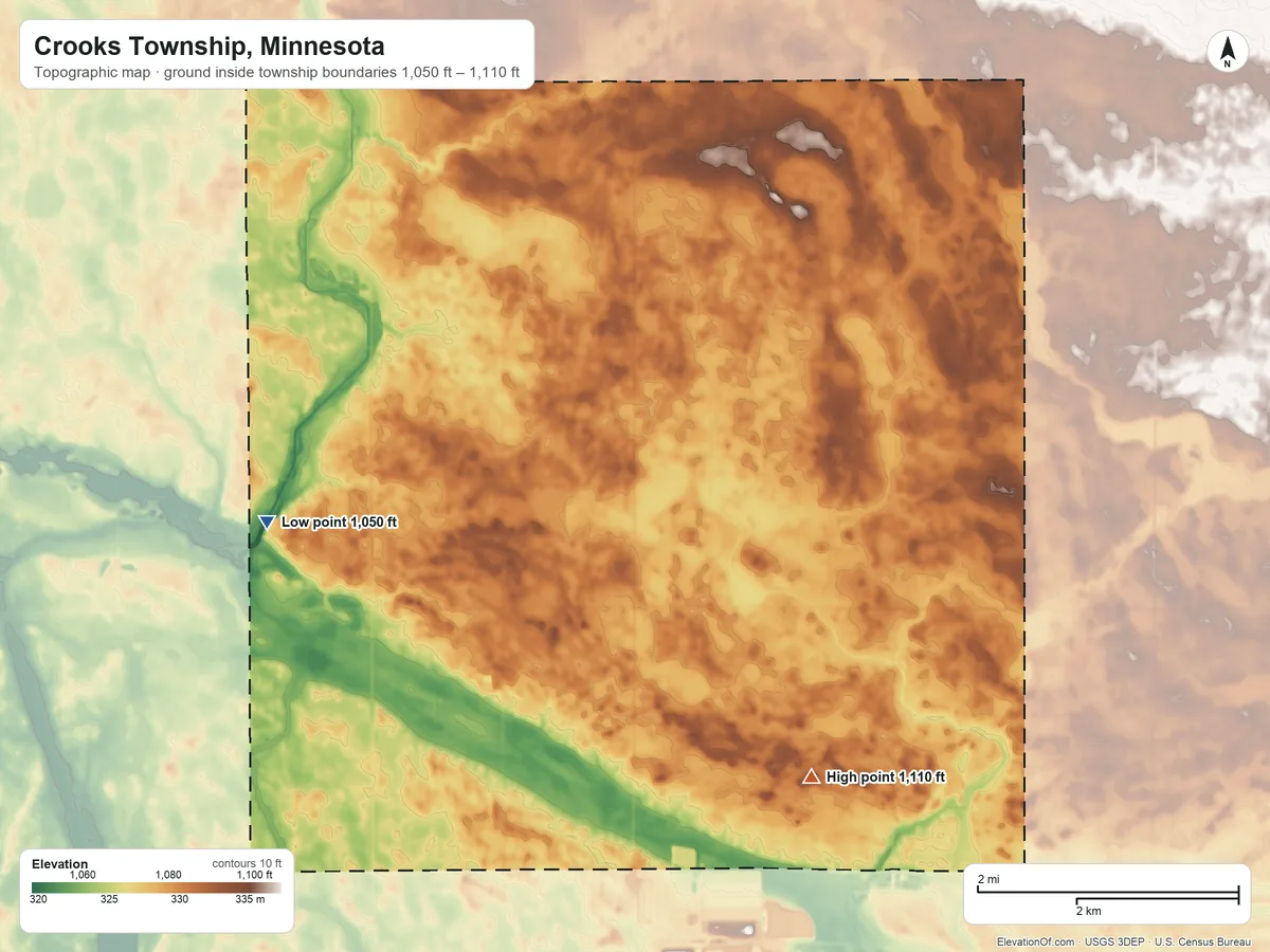 Topographic elevation map of Crooks Township, Minnesota, shaded from 1,050 ft on the west side to 1,110 ft on the southeast side