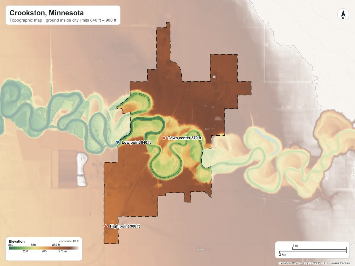 Topographic elevation map of Crookston, Minnesota, shaded from 840 ft on the west side to 900 ft on the southwest side