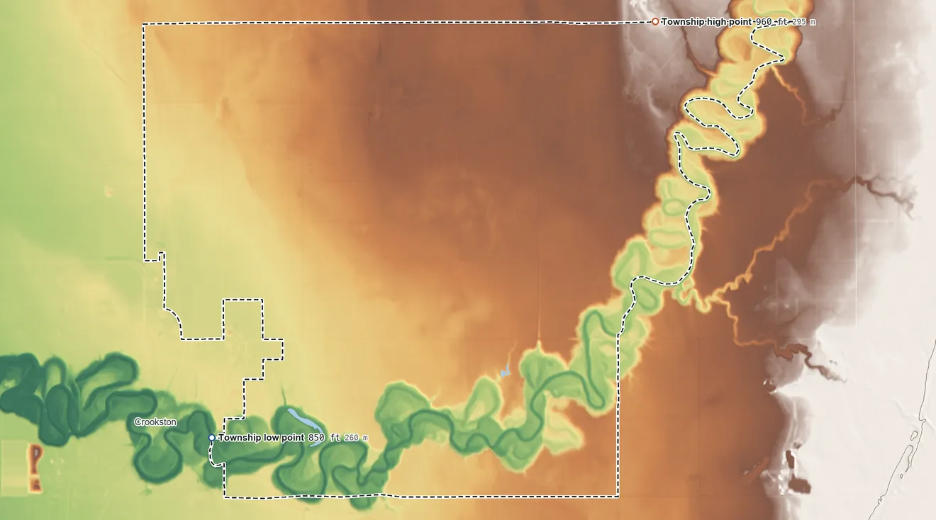 Topographic elevation map of Crookston Township, Minnesota, shaded from 850 ft on the southwest side to 960 ft on the northeast side