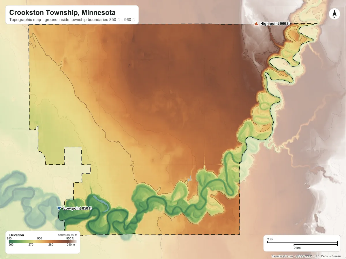 Topographic elevation map of Crookston Township, Minnesota, shaded from 850 ft on the southwest side to 960 ft on the northeast side