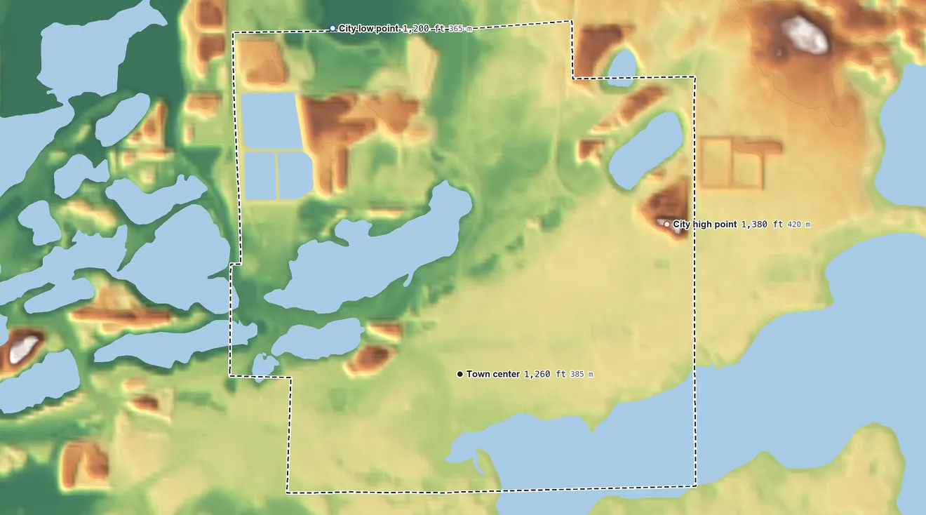 Topographic elevation map of Crosby, Minnesota, shaded from 1,200 ft on the north side to 1,380 ft on the northeast side
