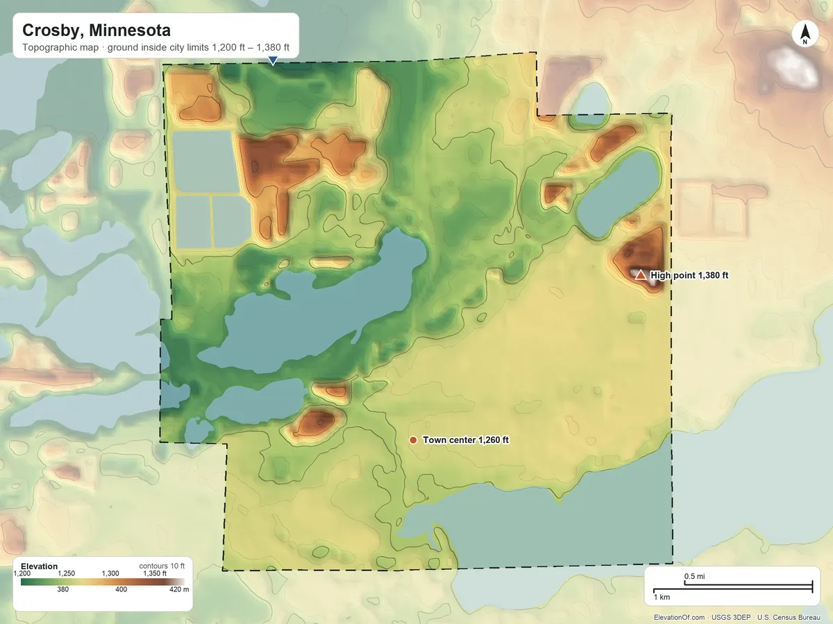 Topographic elevation map of Crosby, Minnesota, shaded from 1,200 ft on the north side to 1,380 ft on the northeast side