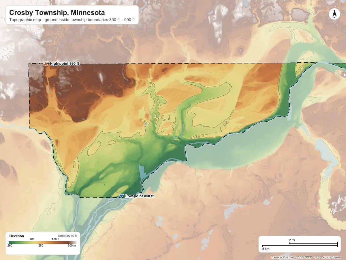 Topographic elevation map of Crosby Township, Minnesota, shaded from 850 ft on the south side to 990 ft on the northwest side