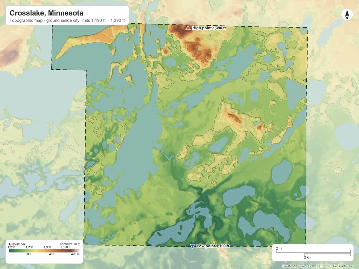 Topographic elevation map of Crosslake, Minnesota, shaded from 1,190 ft on the south side to 1,390 ft on the north side