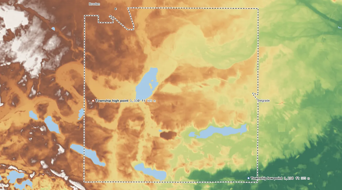 Topographic elevation map of Crow Lake Township, Minnesota, shaded from 1,230 ft on the southeast side to 1,330 ft on the west side
