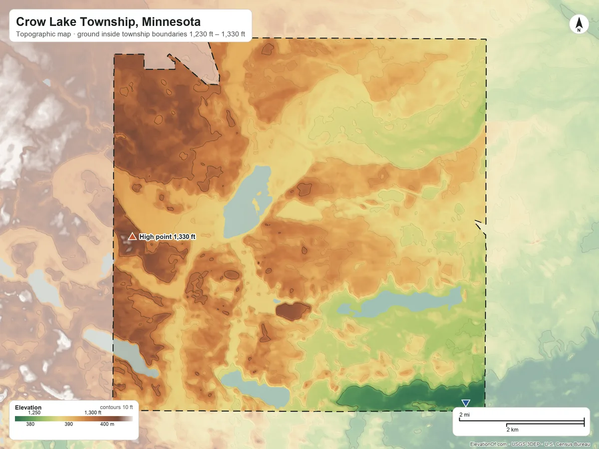 Topographic elevation map of Crow Lake Township, Minnesota, shaded from 1,230 ft on the southeast side to 1,330 ft on the west side