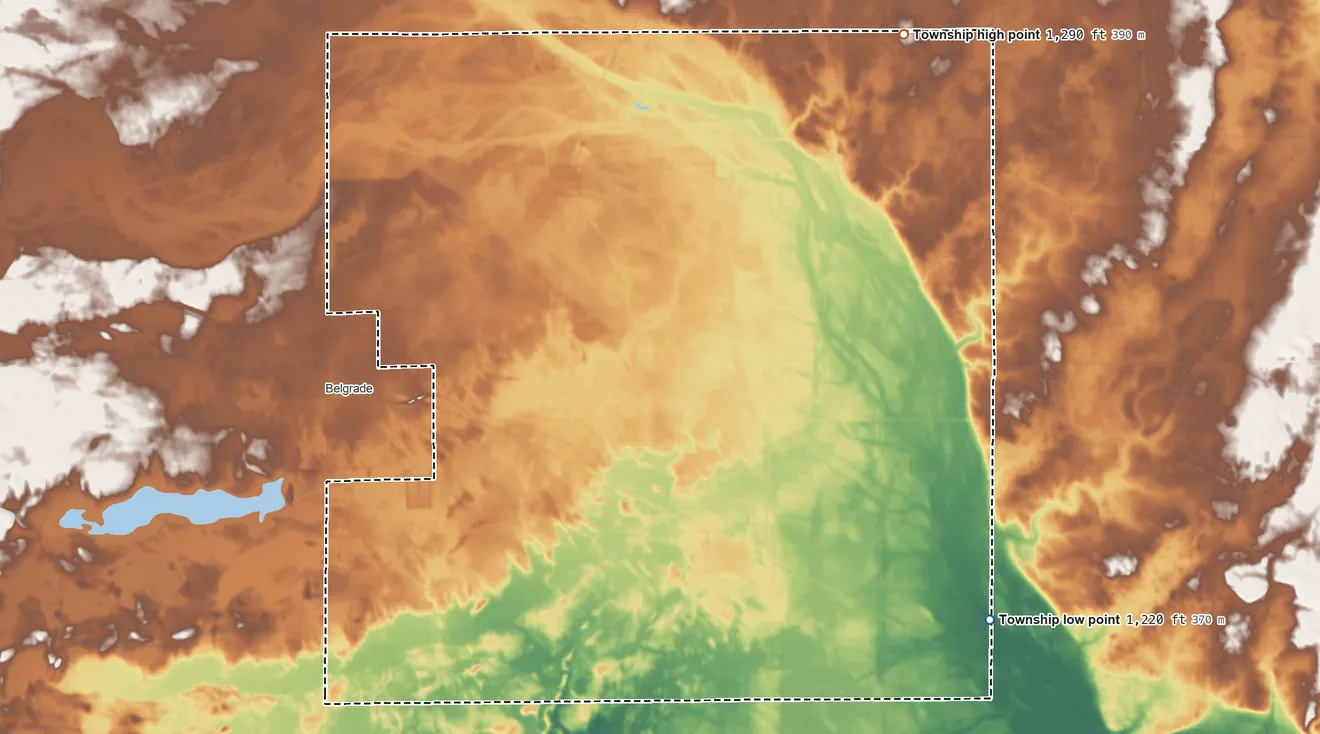 Topographic elevation map of Crow River Township, Minnesota, shaded from 1,220 ft on the southeast side to 1,290 ft on the northeast side