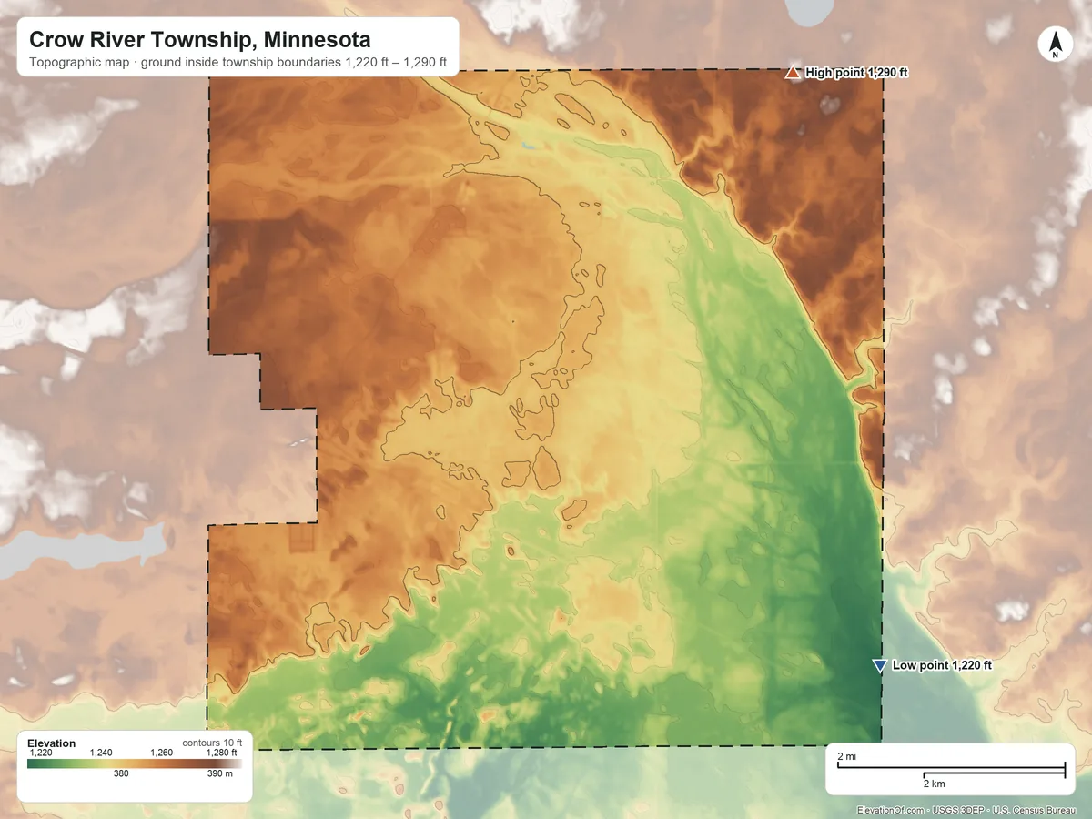 Topographic elevation map of Crow River Township, Minnesota, shaded from 1,220 ft on the southeast side to 1,290 ft on the northeast side