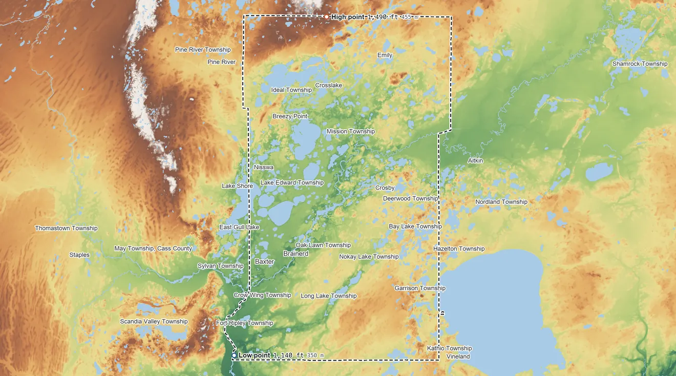 Topographic elevation map of Crow Wing County, Minnesota, shaded from 1,140 ft on the southwest side to 1,490 ft on the north side