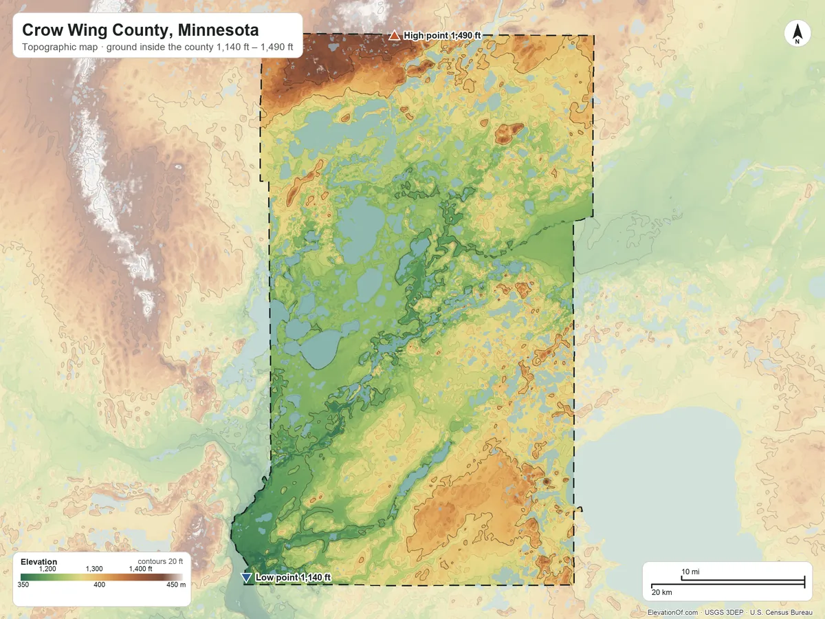 Topographic elevation map of Crow Wing County, Minnesota, shaded from 1,140 ft on the southwest side to 1,490 ft on the north side