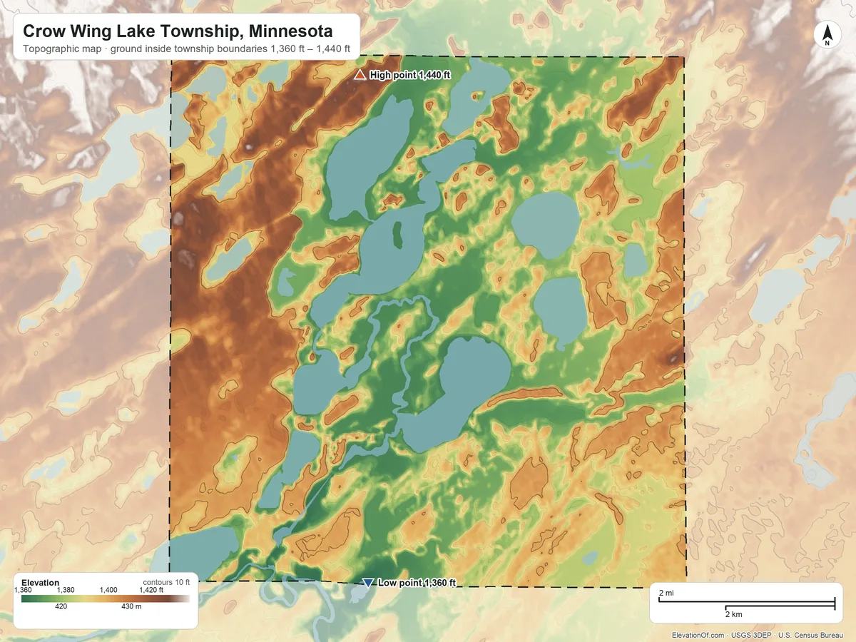 Topographic elevation map of Crow Wing Lake Township, Minnesota, shaded from 1,360 ft on the south side to 1,440 ft on the north side