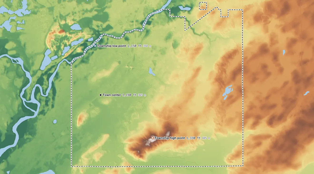 Topographic elevation map of Crow Wing Township, Minnesota, shaded from 1,150 ft on the north side to 1,330 ft on the southeast side