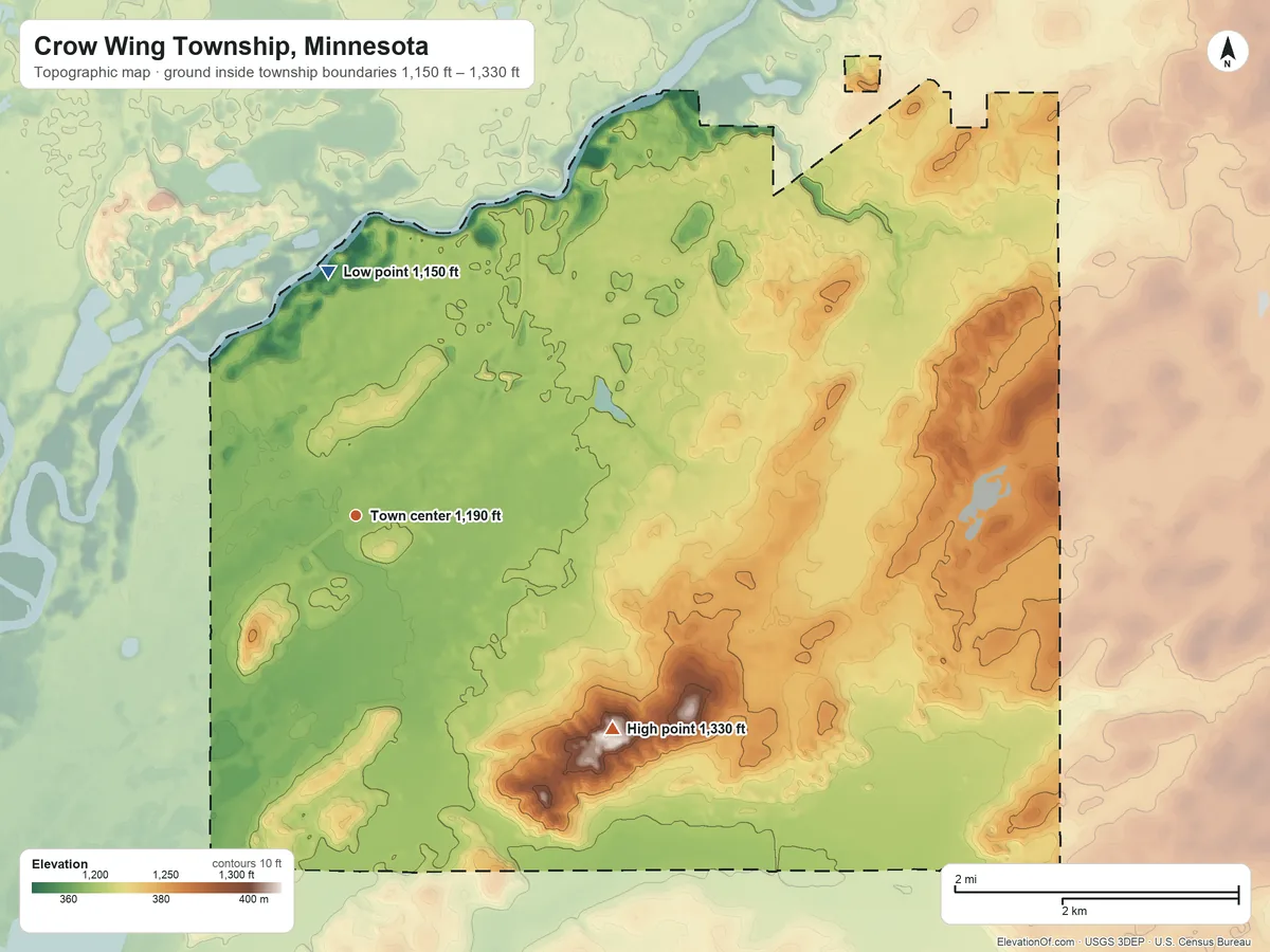 Topographic elevation map of Crow Wing Township, Minnesota, shaded from 1,150 ft on the north side to 1,330 ft on the southeast side