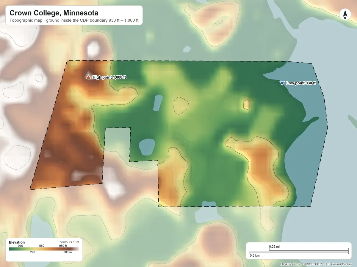 Topographic elevation map of Crown College, Minnesota, shaded from 930 ft on the northeast side to 1,000 ft on the northwest side