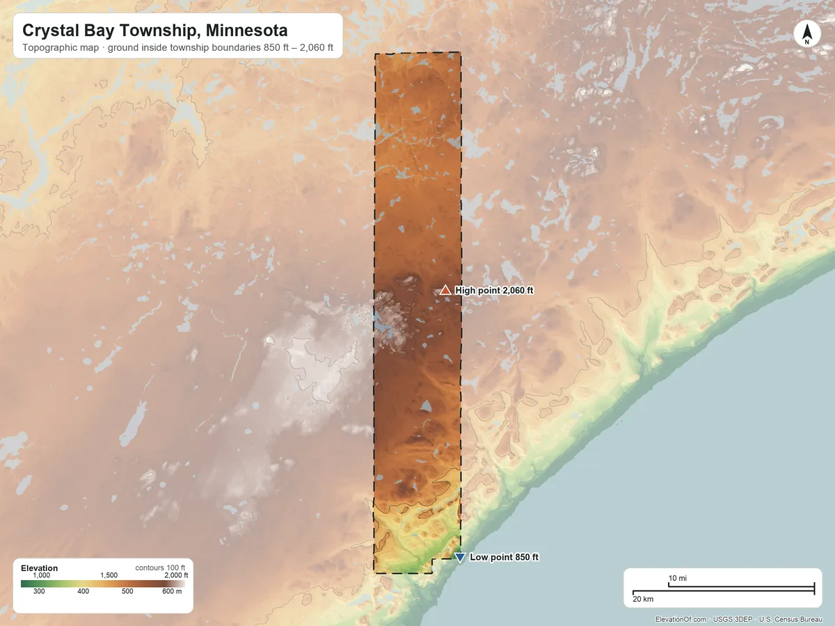Topographic elevation map of Crystal Bay Township, Minnesota, shaded from 850 ft on the southeast side to 2,060 ft on the north side