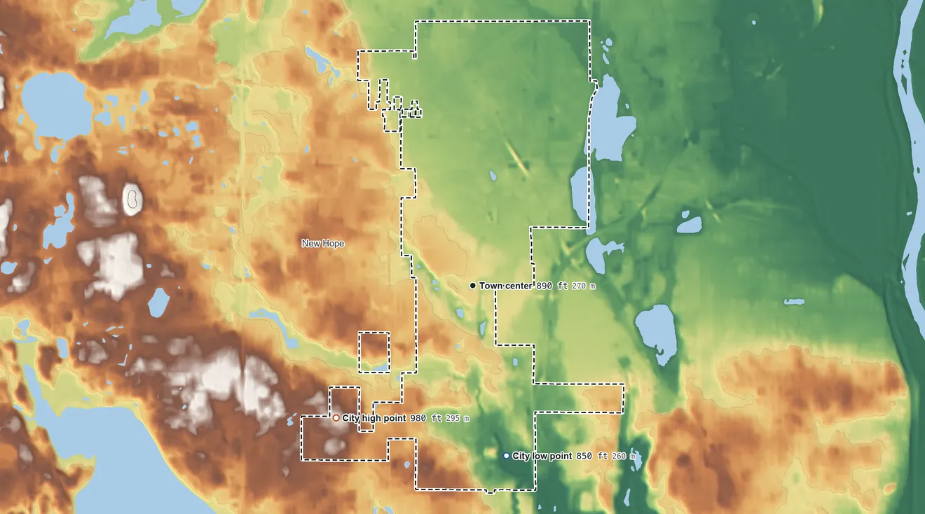 Topographic elevation map of Crystal, Minnesota, shaded from 850 ft on the south side to 980 ft on the southwest side
