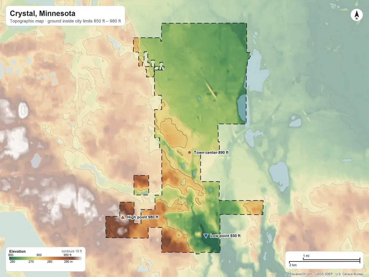 Topographic elevation map of Crystal, Minnesota, shaded from 850 ft on the south side to 980 ft on the southwest side